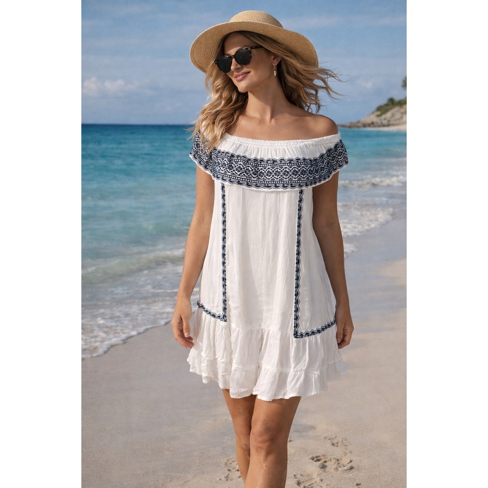Muche et Muchette White Embroidered Off Shoulder Boho Mini Dress Cottage‎ OS J2